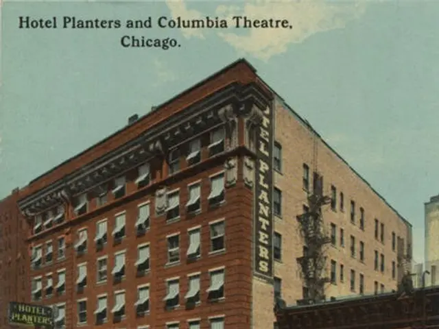 The image shows the Hotel Planters and Columbia Theatre in Chicago, Illinois. It is a poster with...