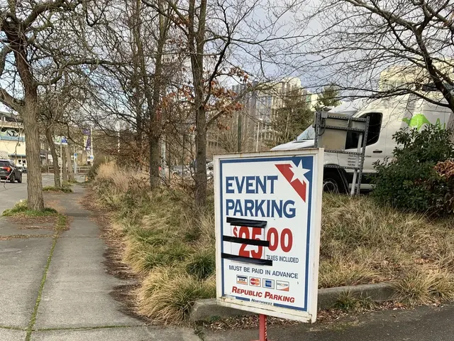 The image shows a sign on the side of a road that reads "Event Parking" surrounded by grass,...