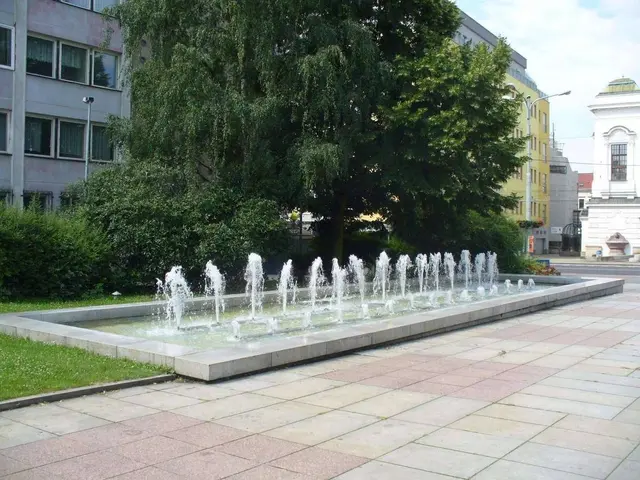 The image shows a fountain in the middle of a city square surrounded by lush green grass, plants,...