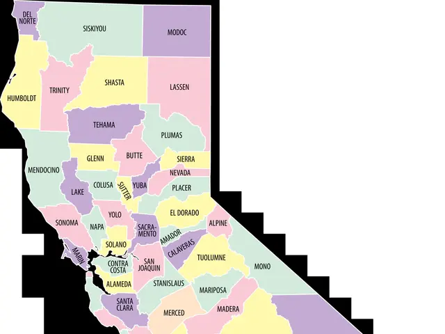 The image shows a map of the state of California with its counties in different colors. The text on...