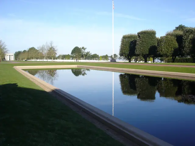 The image shows the reflecting pool at the National Memorial in Washington, DC. The pool is...