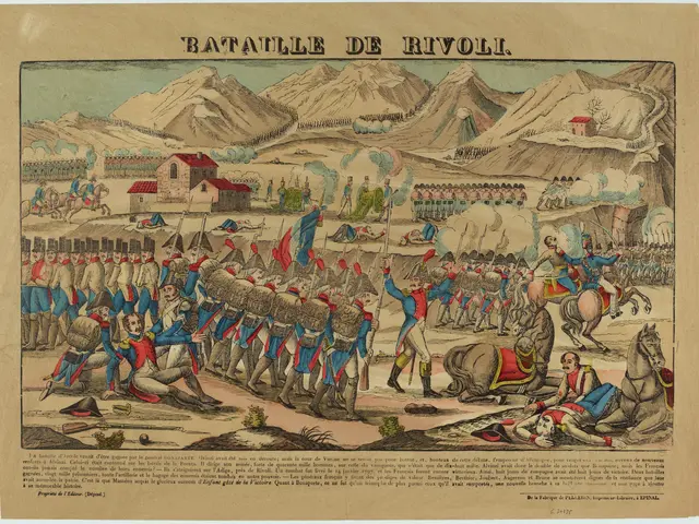 The image shows a poster depicting the Battle of Rivoli, with people, horses, houses, hills, and...