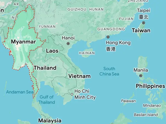 The image shows a map of Southeast Asia with the route of the Vietnam-Myanmar border clearly...
