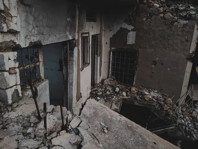 The image shows an old building with a lot of rubble and debris scattered around it. The walls are...