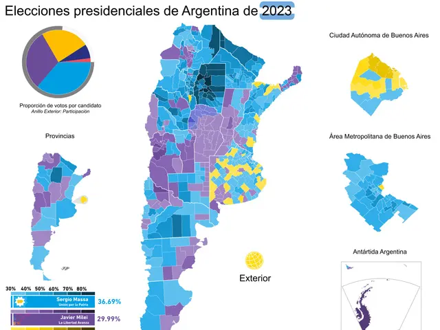The image shows a map of Argentina with different colors representing the presidential election...