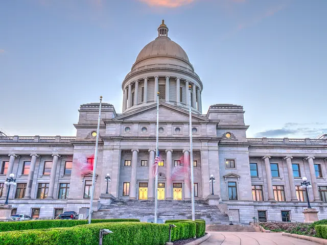 The image shows the Missouri State Capitol Building in Madison, Missouri. It is a large building...
