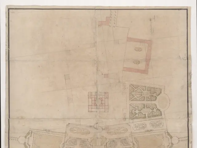 The image shows a drawing of a plan of a city with a lot of buildings, including a building in the...