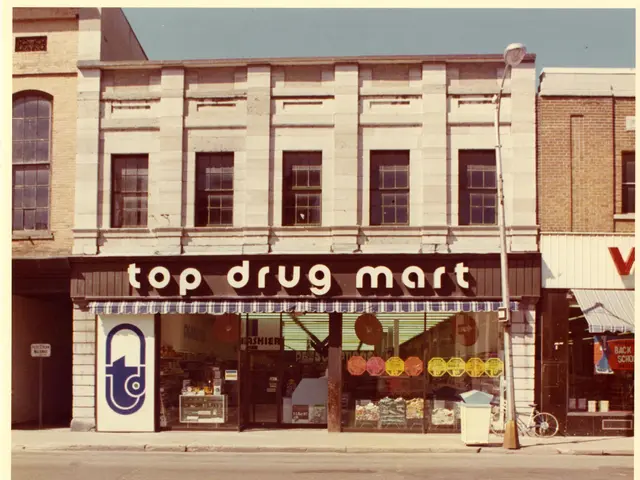 The image shows a top drug mart on the corner of a street, with a building featuring windows and a...
