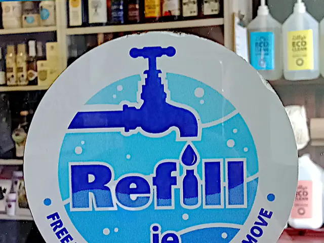 The image shows a store with a sign that reads "Refill ie - Free Tap Refills While on the Move" in...