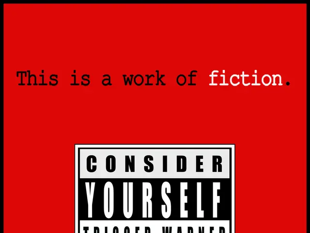 The image shows a red background with the words "This is a work of fiction" written in bold white...