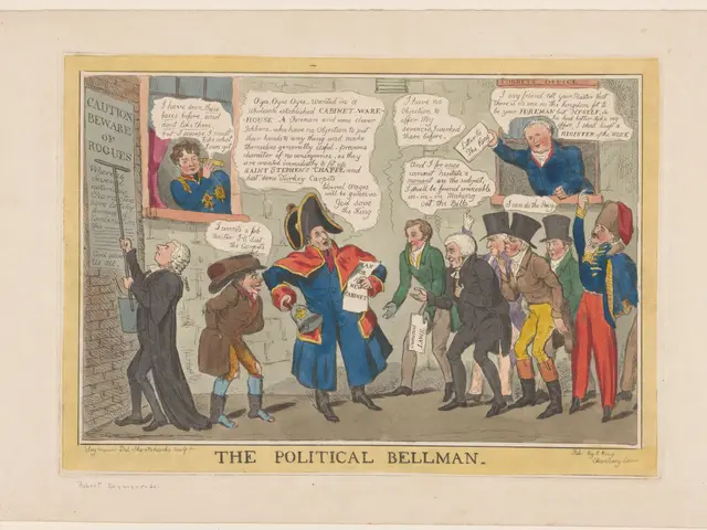 The image shows a paper with a cartoon depicting a political bellman surrounded by a group of...