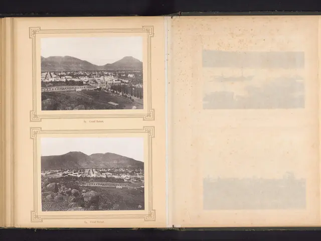 The image shows an open book with a black and white photo of a city in the center, surrounded by...