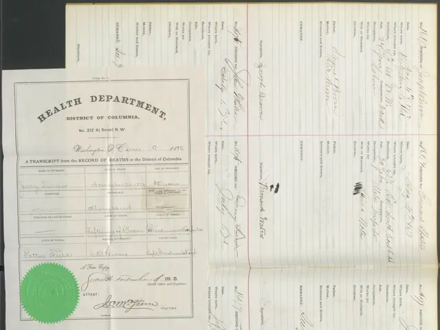 The image shows an old document with a green seal on top of it, which is a transcript of a death...
