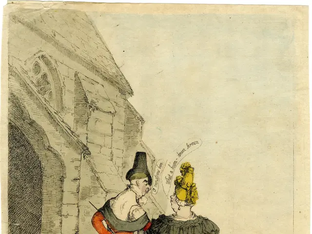 The image shows a man and woman standing in front of a church, with a building in the background....