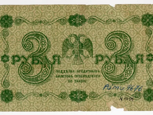 The image shows an old Russian banknote with a green background and a picture of a bird on it. The...