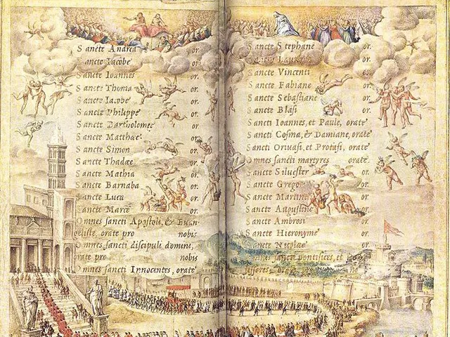 The image shows an open book with a drawing of a crowd of people on it. The book is titled "The...
