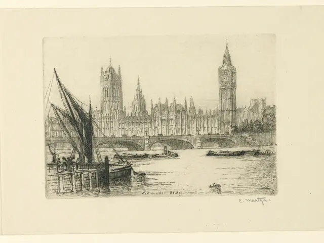 The image shows a drawing of Big Ben and the Houses of Parliament in London, with boats on the...