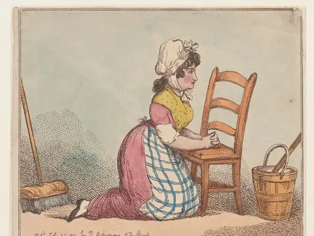 The image shows a woman sitting on a chair with a broomstick and a basket beside her. At the bottom...