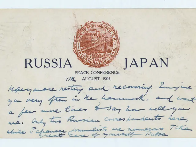 The image shows an old postcard with a stamp on it that reads "Russia and Japan". The postcard has...