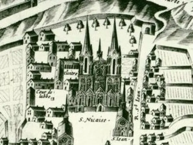 The image shows a black and white drawing of a city with a church in the middle, surrounded by...