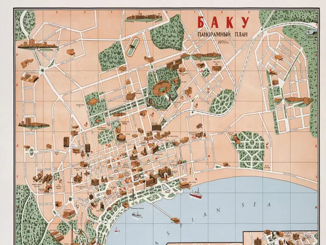 The image shows a poster of a tourist map of Baku, Azerbaijan. It features a detailed map of the...