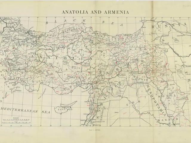 The image shows a paper with a map of Anatolia and Armenia, with text written on it. The map is...