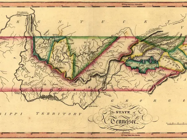 The image shows a poster of a map of the state of Tennessee, with text at the bottom. The map is...