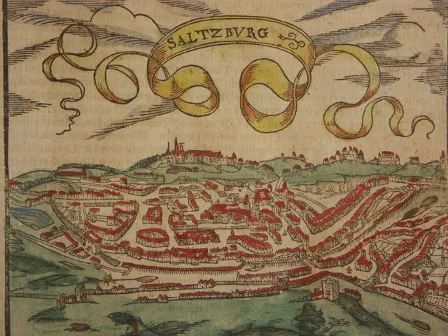 The image shows an old map of the city of Saltzburg, Germany, with text written on it. The map is...