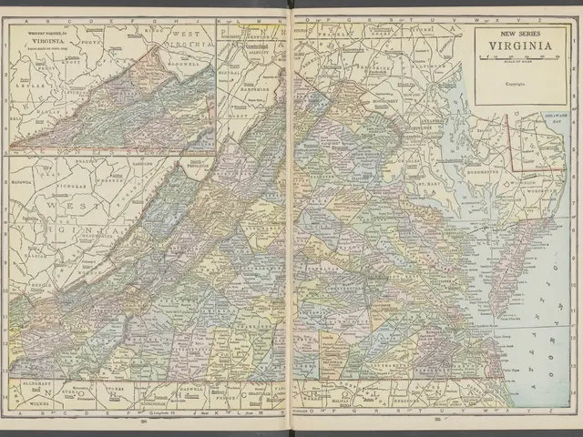 The image shows an open book with a map of Virginia on it. The map is detailed and shows the...