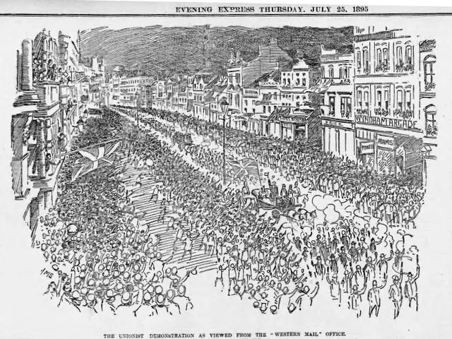 The image shows a black and white drawing of a crowd of people walking down a street, with...