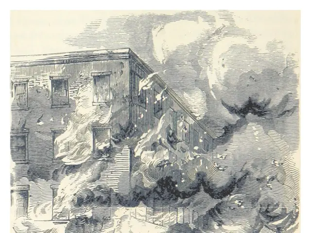 The image shows a poster depicting the burning of the Second Avenue Armory in New York City. It...