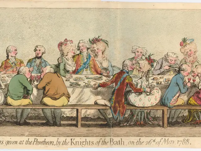 The image shows a group of people sitting around a long table, enjoying a meal together. On the...