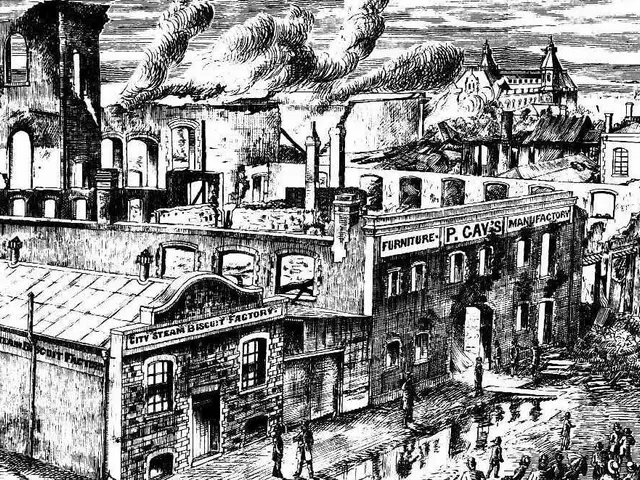 The image shows a black and white drawing of a city street with buildings, people, and smoke...