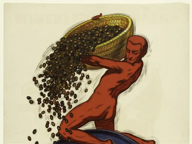 The image shows a poster advertising a coffee shop in Brazil, featuring a man holding a basket of...