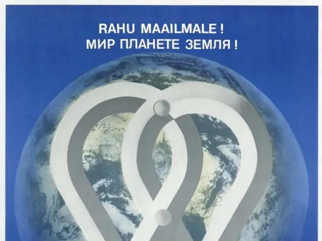 The image shows a Soviet propaganda poster for the Soviet Union featuring two crossed swords and a...