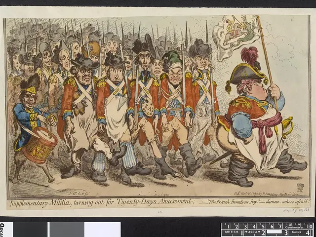 The image shows a group of men in military uniforms marching down a street, with one of them...