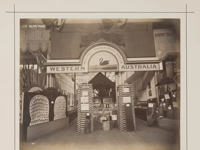 The image shows an old black and white photo of a store with a sign that reads "Western Australia"...