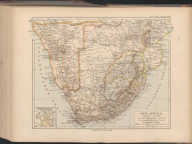 The image shows an open book with a map of South Africa on it, set against a black background. The...