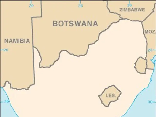 The image shows a political map of Botswana, with its borders clearly visible. The map is filled...
