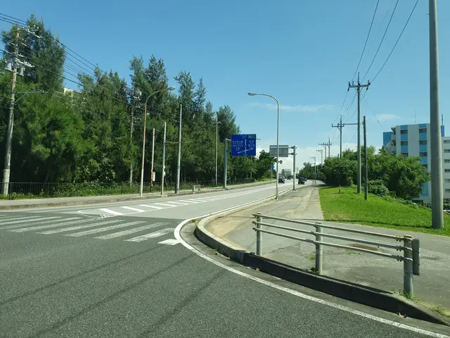 The image shows an arterial road with vehicles driving on it, light poles, electric poles with...
