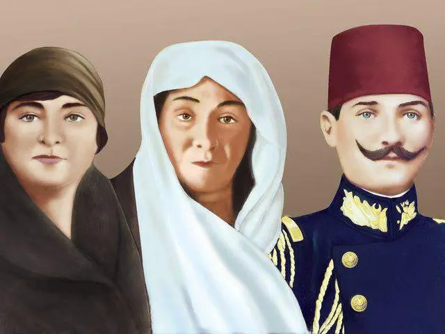 The image shows a painting of three people, a man and two women, standing next to each other. The...