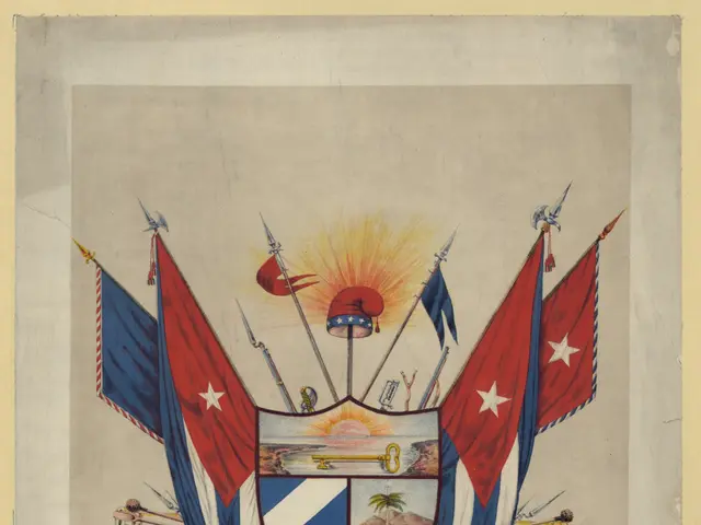 The image shows a painting of the arms of Cuba, with flags, trees, and other objects surrounding...