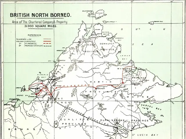 The image shows a poster with a map of the British North Borneo, with text detailing the area of...