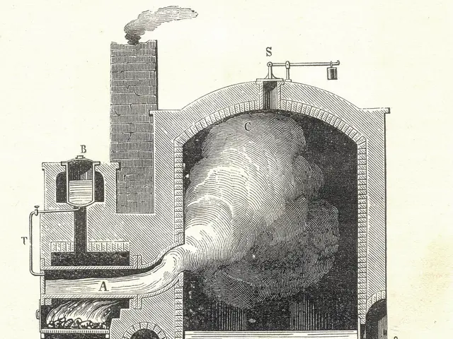 The image shows a black and white drawing of a steam boiler with smoke billowing out of it. At the...
