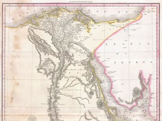 The image shows a poster of a map of Egypt and the Middle East, with text at the bottom. The map is...