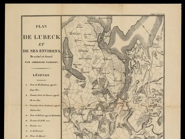The image shows an old map of the city of Lubeck, with a black background. The map is detailed and...