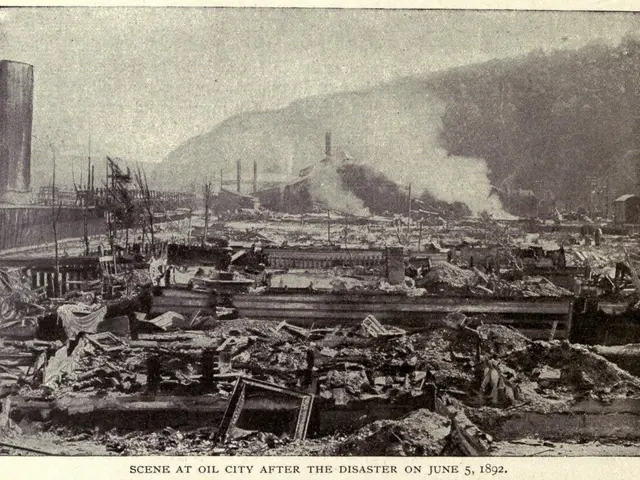 The image shows a black and white photo of a city after the disaster on June 5, 1892. In the center...