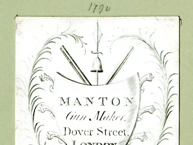 The image shows an old business card with a green background and a logo on it. The logo consists of...