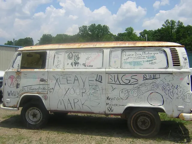 In the picture of there is a van and on the van there are some paintings and quotations are...