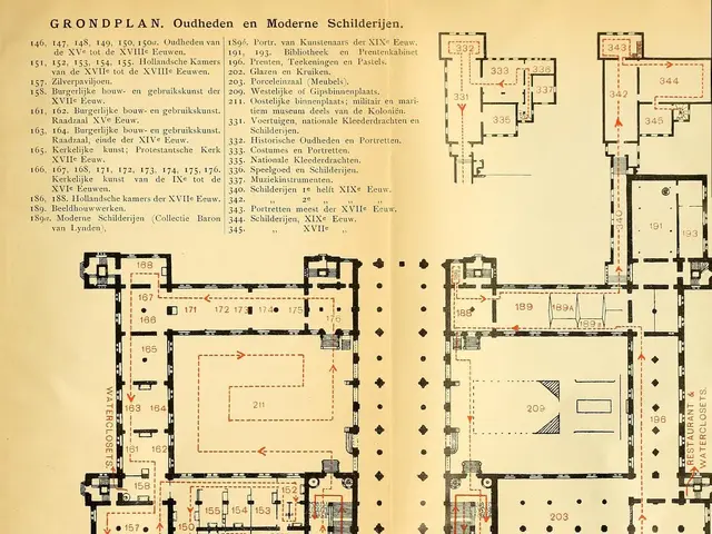 The image shows a page from a book with a drawing of a floor plan of a building, which appears to...